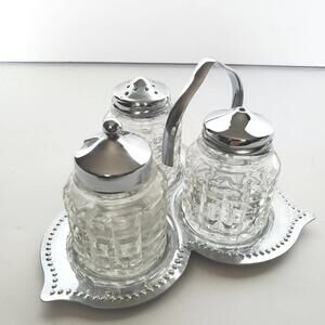 Silver Plated Lidded Crystal Condiment Jars X 3 On A Leaf Shaped Tray
